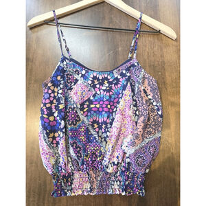 Love Fire Medium Scoop Neck Spaghetti Strap Floral Fitted Waist Cropped Tank